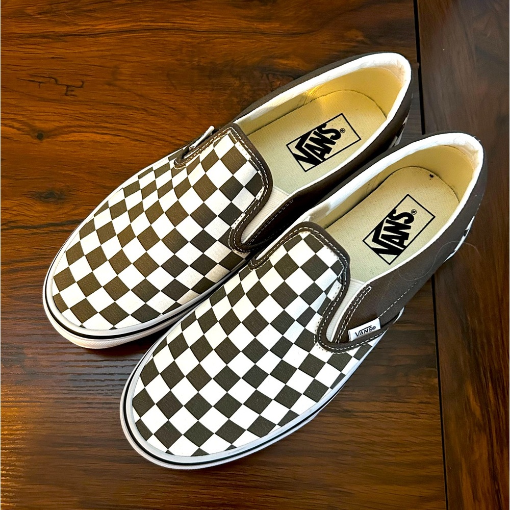 Vans Women's Brown and White Checkerboard Slip-On Sneakers